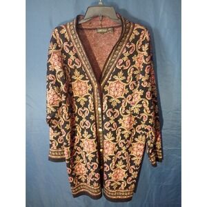 Jeanne Pierre Intarsia Cardigan Sz Med Black Pink Gold Button Long Lambswool Vtg